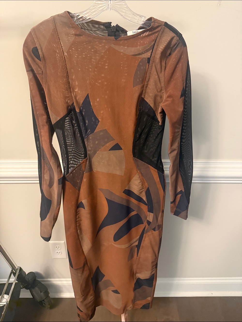 House of CB Brown and Navy Abstract-Print Long Sleeve Dress